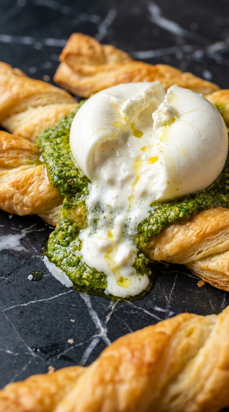 Burrata In Pistachio Basil Pesto With Puff Pastry Twists