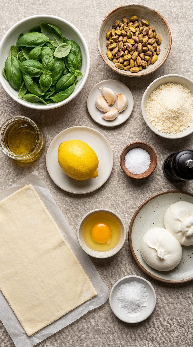 Burrata In Pistachio Basil Pesto With Puff Pastry Twists ingredients