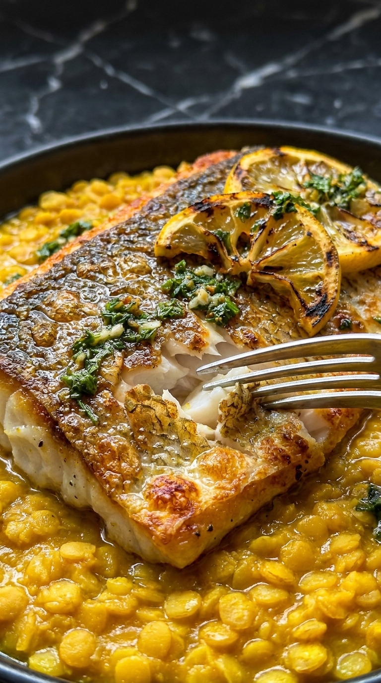 Crispy Skin Cod With Saffron Lentil Stew Charred Lemon Gremolata