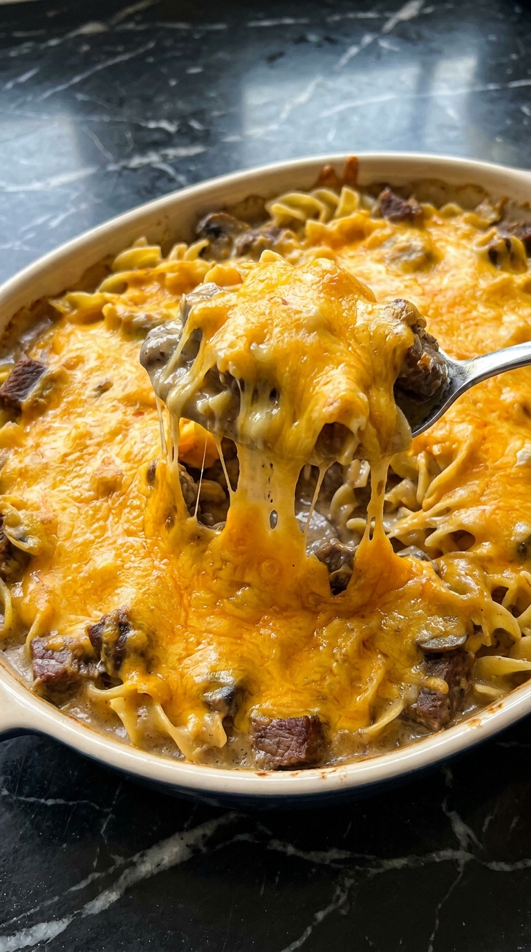 Creamy Mushroom Beef Noodle Bake