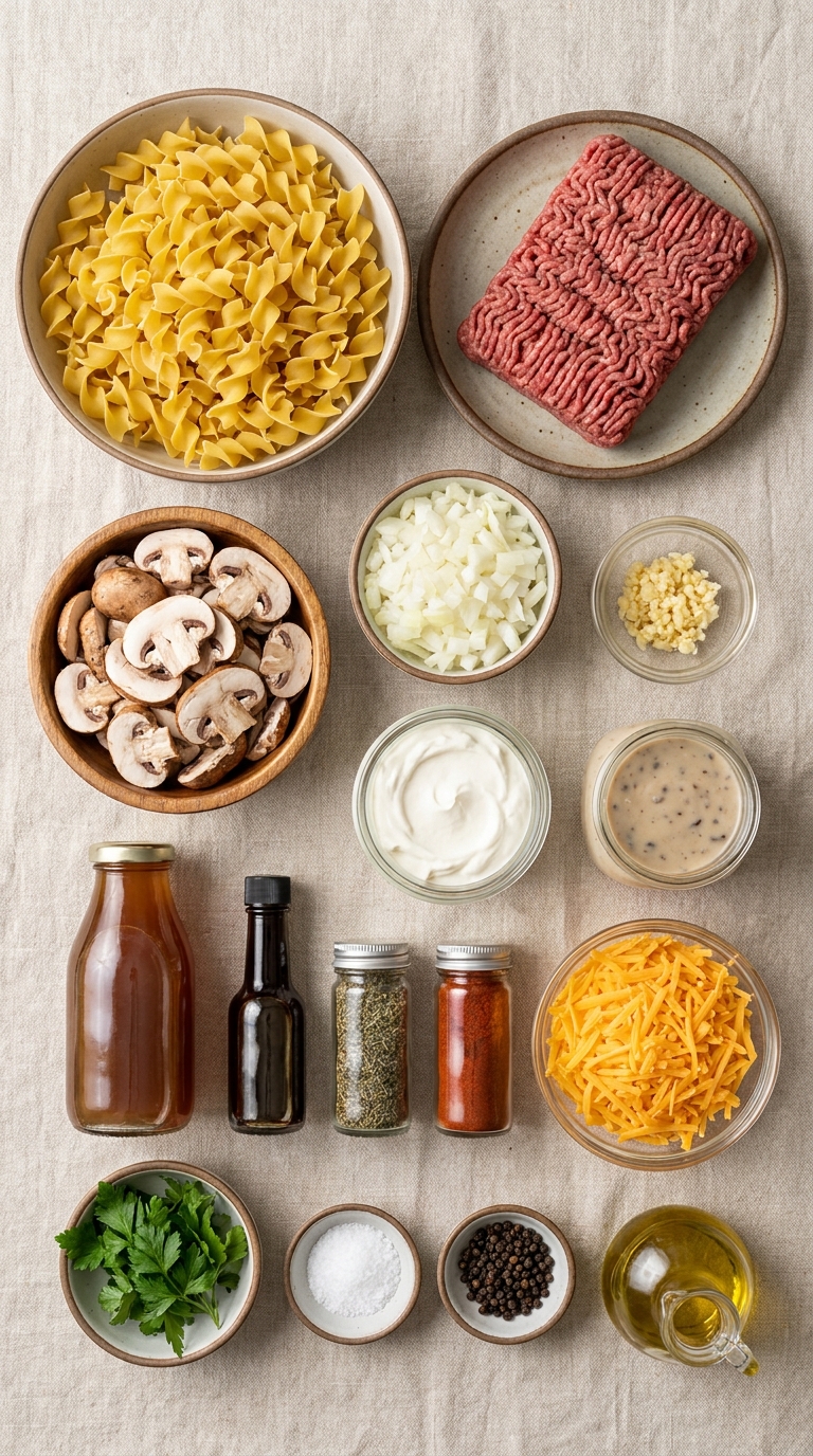 Creamy Mushroom Beef Noodle Bake ingredients